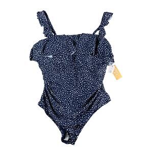 Kona Sol One Piece Swimsuit Women 18 Blue Polka Dot Padded Ruffle Adj Straps NWT